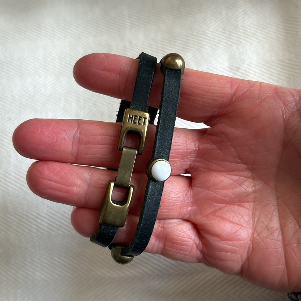 Heet Double Wrap Black Leather With White And Bronze Slides Bracelet